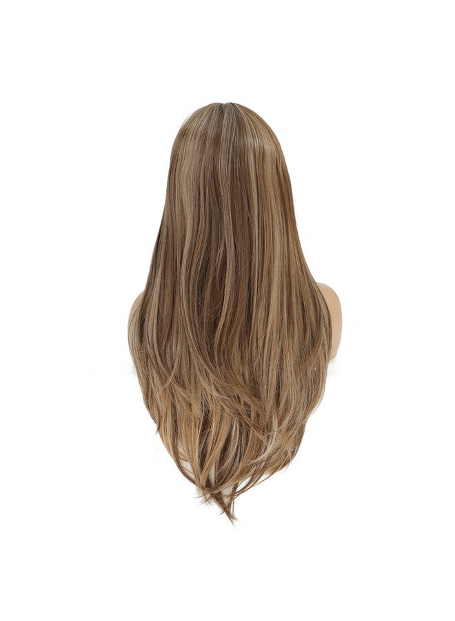 SWACC Long Layered Straight Wig with Bangs Synthetic Hair Wig for Women with Wig Cap (Brown Blond Highlight) - Image 2