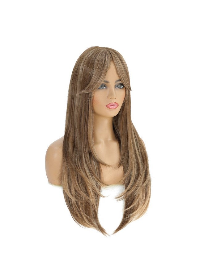 SWACC Long Layered Straight Wig with Bangs Synthetic Hair Wig for Women with Wig Cap (Brown Blond Highlight) - Image 3