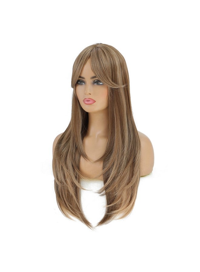 SWACC Long Layered Straight Wig with Bangs Synthetic Hair Wig for Women with Wig Cap (Brown Blond Highlight) - Image 4
