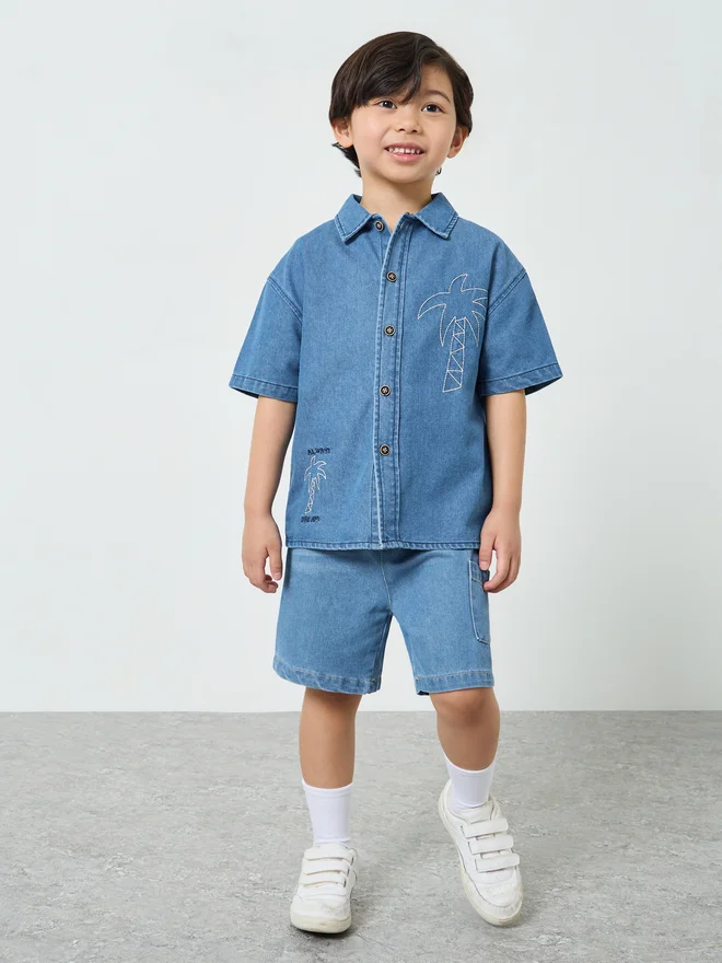 Styli Styli Boys Denim Shirt with Embroidery