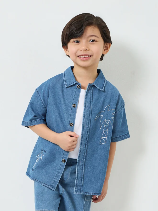 Styli Styli Boys Denim Shirt with Embroidery