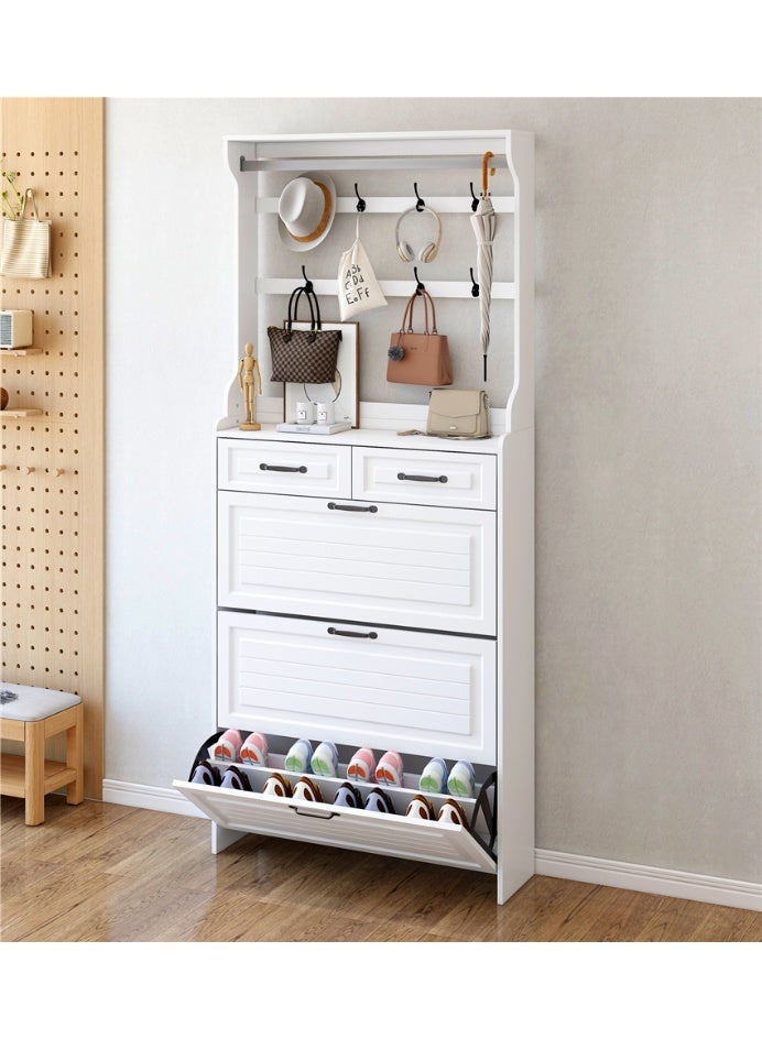 Tipping Bucket Shoe Cabinet, Slim Wooden Shoe Storage Cabinet with 3 Flip Space, Entryway Narrow Shoe Organizer with Storage Crossbar for Home Hallway Bedroom Living Room Space Saving, 80*24*180cm, White - Image 1