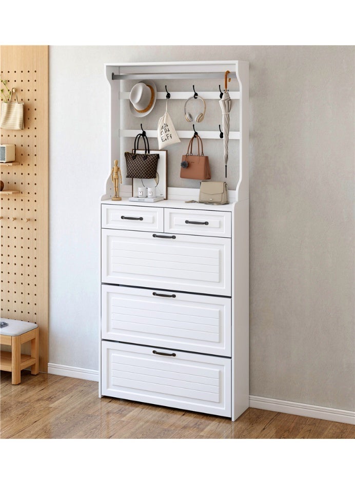 Tipping Bucket Shoe Cabinet, Slim Wooden Shoe Storage Cabinet with 3 Flip Space, Entryway Narrow Shoe Organizer with Storage Crossbar for Home Hallway Bedroom Living Room Space Saving, 80*24*180cm, White - Image 2