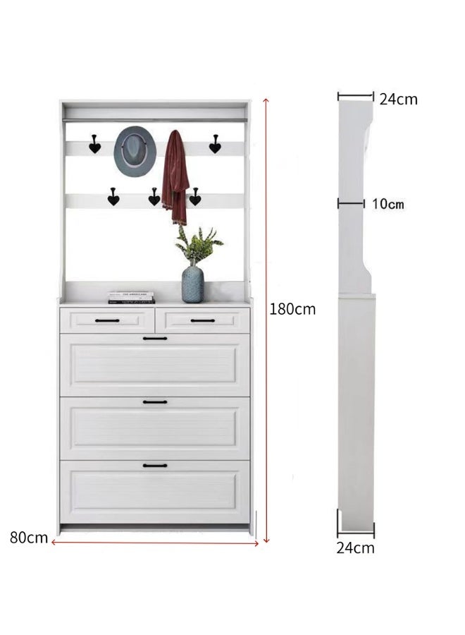 Tipping Bucket Shoe Cabinet, Slim Wooden Shoe Storage Cabinet with 3 Flip Space, Entryway Narrow Shoe Organizer with Storage Crossbar for Home Hallway Bedroom Living Room Space Saving, 80*24*180cm, White - Image 4