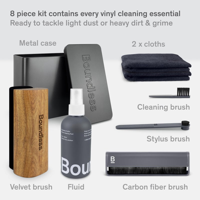 Boundless Audio Vinyl Record Cleaning Kit - 8-in-1 Vinyl Cleaner Kit Includes Carbon Fiber & Velvet Record Brushes, Stylus Brush, Cleaning Solution, Microfiber Cloths & Metal Case - Image 3