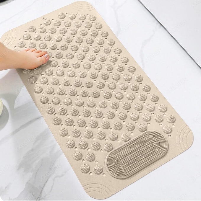 SHOWER AND BATHTUB MAT RUBBER NONSLIP SHOWER MAT FOR ELDERLY KIDS BATHTUB MAT NON SLIP WITH DRAIN HOLES SUCTION CUPS BATH MAT FOR BATHROOM AND TUB MACHINE WASHABLE BEIGE