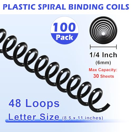 TOTiyea 100 Pack Plastic Spiral Binding Coils,6mm(1/4") Binding Spirals,30 Sheet Capacity,4:1 Pitch,Black - Image 2
