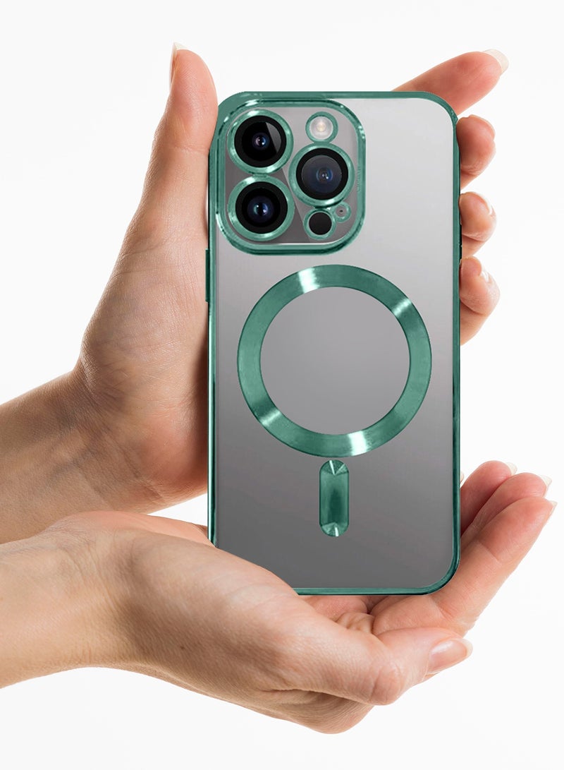 MUDISO iPhone 13 Pro Max Clear Case with MagSafe Wireless Charging Compatible Back Cover with Electroplating Shockproof Frame Green - Image 3