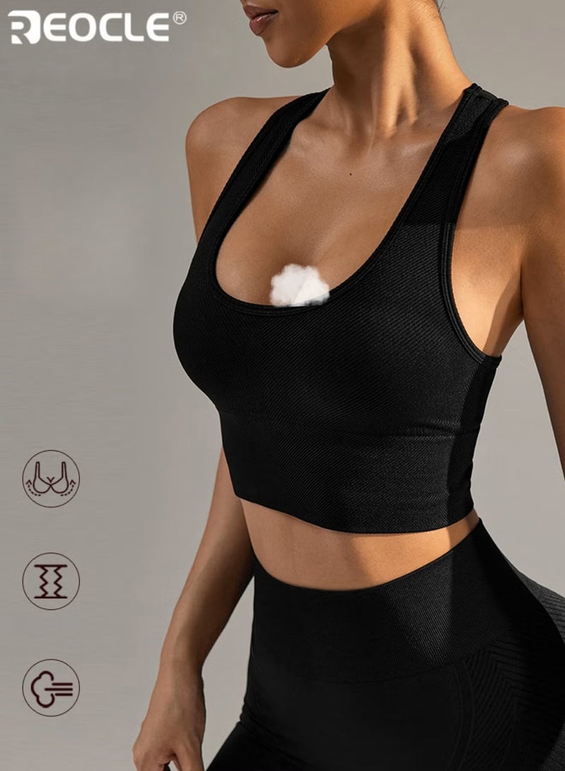 REOCLE Women's Rib Knit Sports Bra Running Workout Vest Racerback Design Cotton and Spandex Blend Quick Dry Material Wireless Support for Running Yoga and Fitness - Image 2
