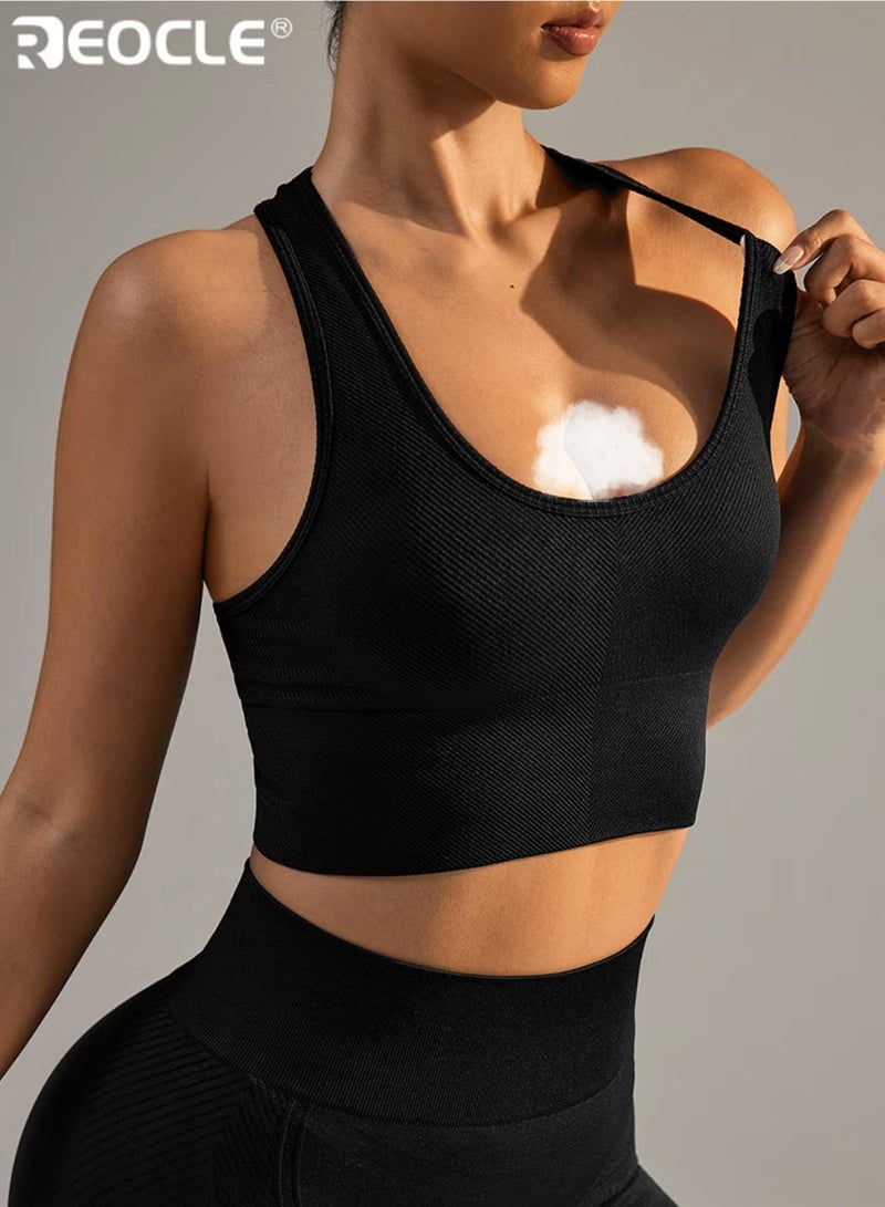 REOCLE Women's Rib Knit Sports Bra Running Workout Vest Racerback Design Cotton and Spandex Blend Quick Dry Material Wireless Support for Running Yoga and Fitness - Image 5