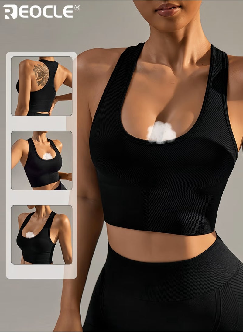REOCLE Women's Rib Knit Sports Bra Running Workout Vest Racerback Design Cotton and Spandex Blend Quick Dry Material Wireless Support for Running Yoga and Fitness - Image 1