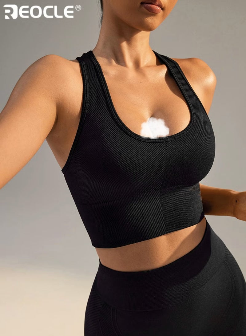 REOCLE Women's Rib Knit Sports Bra Running Workout Vest Racerback Design Cotton and Spandex Blend Quick Dry Material Wireless Support for Running Yoga and Fitness - Image 4