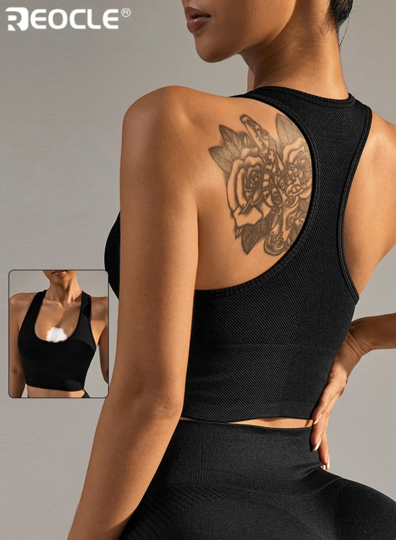REOCLE Women's Rib Knit Sports Bra Running Workout Vest Racerback Design Cotton and Spandex Blend Quick Dry Material Wireless Support for Running Yoga and Fitness - Image 3