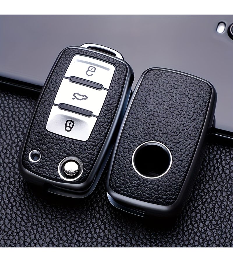 Silvery Leather Texture Car Key Protective Case Anti Fall Wear Resistant TPU Cover for Volkswagen Skoda 3 Button - Image 1