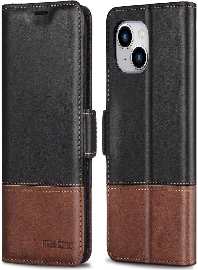كيزي هوم جراب KEZiHOME لهاتف iPhone 15 Plus، جراب محفظة من الجلد الطبيعي [حجب RFID] [فتحات للبطاقات] [مسند] غطاء قلاب مقاوم للصدمات، جراب مغناطيسي متوافق مع iPhone 15 Plus 5G 2023 (أسود/بني) - Image 1