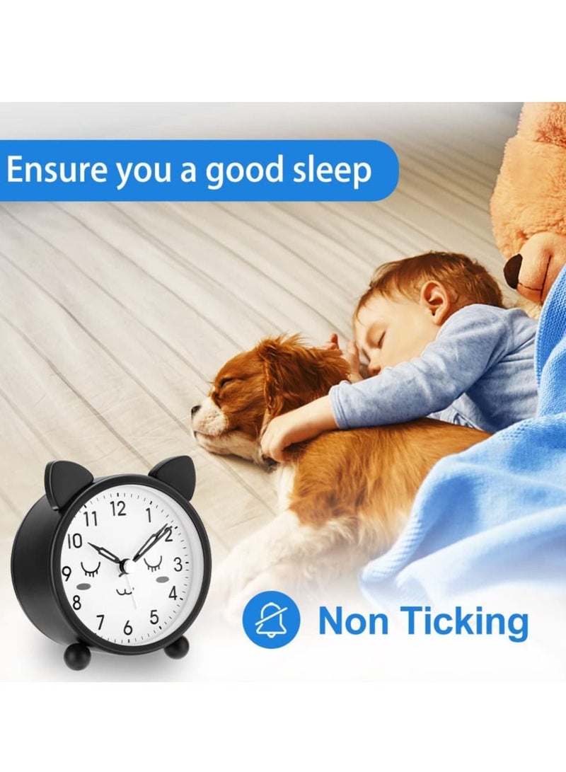 SYOSI Kids Alarm Clock 3.11" Cute Round Metal Cat Alarm Clock with Warm Night Light Non Ticking Classic Alarm Clock Battery Operated Simple Alarm Clock for Girls Boys for Bedroom Bedside Desk Black - Image 4