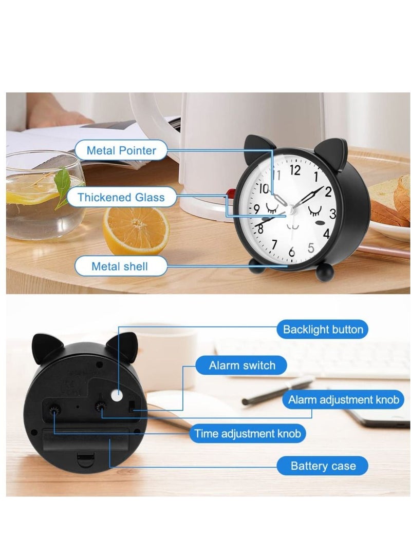 SYOSI Kids Alarm Clock 3.11" Cute Round Metal Cat Alarm Clock with Warm Night Light Non Ticking Classic Alarm Clock Battery Operated Simple Alarm Clock for Girls Boys for Bedroom Bedside Desk Black - Image 3