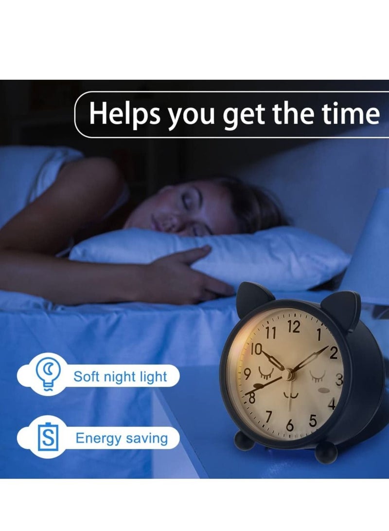 SYOSI Kids Alarm Clock 3.11" Cute Round Metal Cat Alarm Clock with Warm Night Light Non Ticking Classic Alarm Clock Battery Operated Simple Alarm Clock for Girls Boys for Bedroom Bedside Desk Black - Image 5