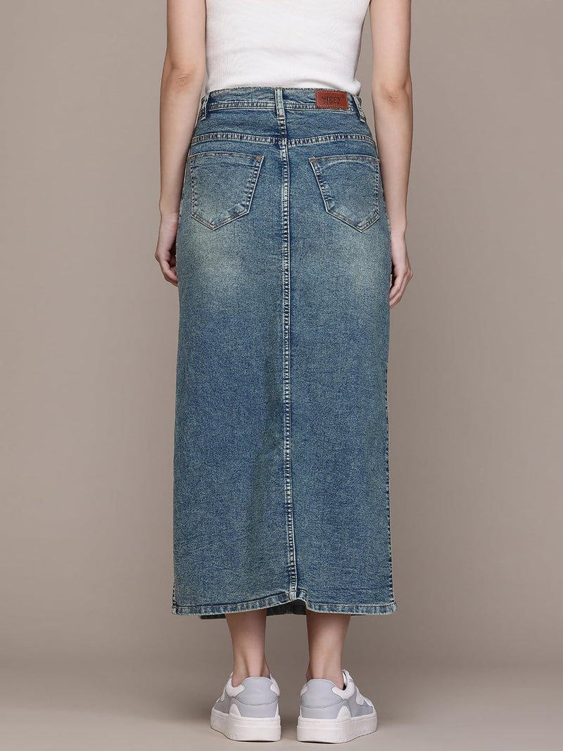 Nifty Women's Side Slit Maxi Denim Skirt (1481_PBLU_30_Peacock_Blue_30) - Image 4