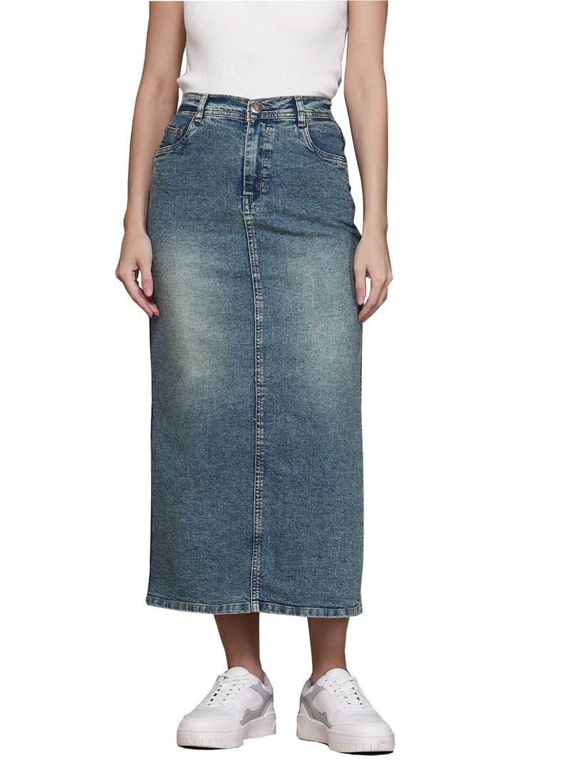 Nifty Women's Side Slit Maxi Denim Skirt (1481_PBLU_30_Peacock_Blue_30) - Image 1
