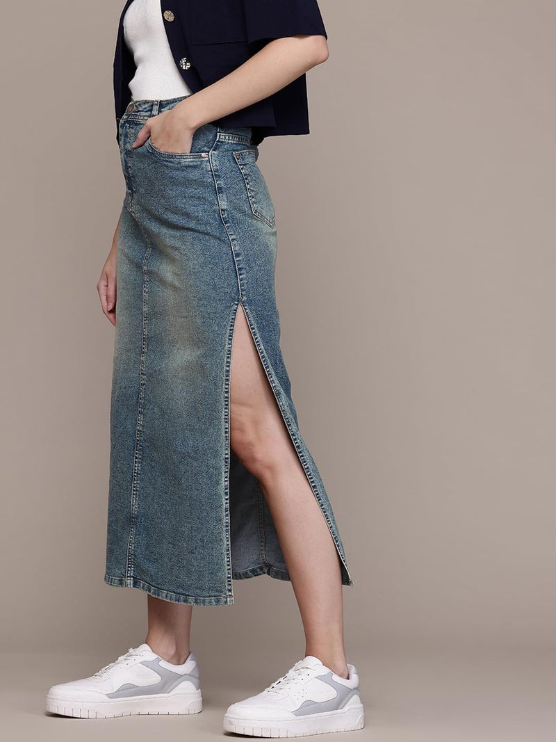 Nifty Women's Side Slit Maxi Denim Skirt (1481_PBLU_30_Peacock_Blue_30) - Image 2