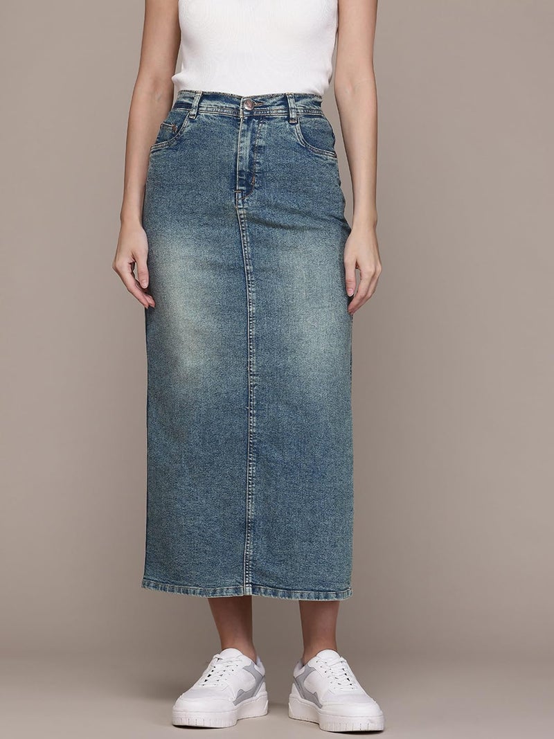 Nifty Women's Side Slit Maxi Denim Skirt (1481_PBLU_30_Peacock_Blue_30) - Image 3