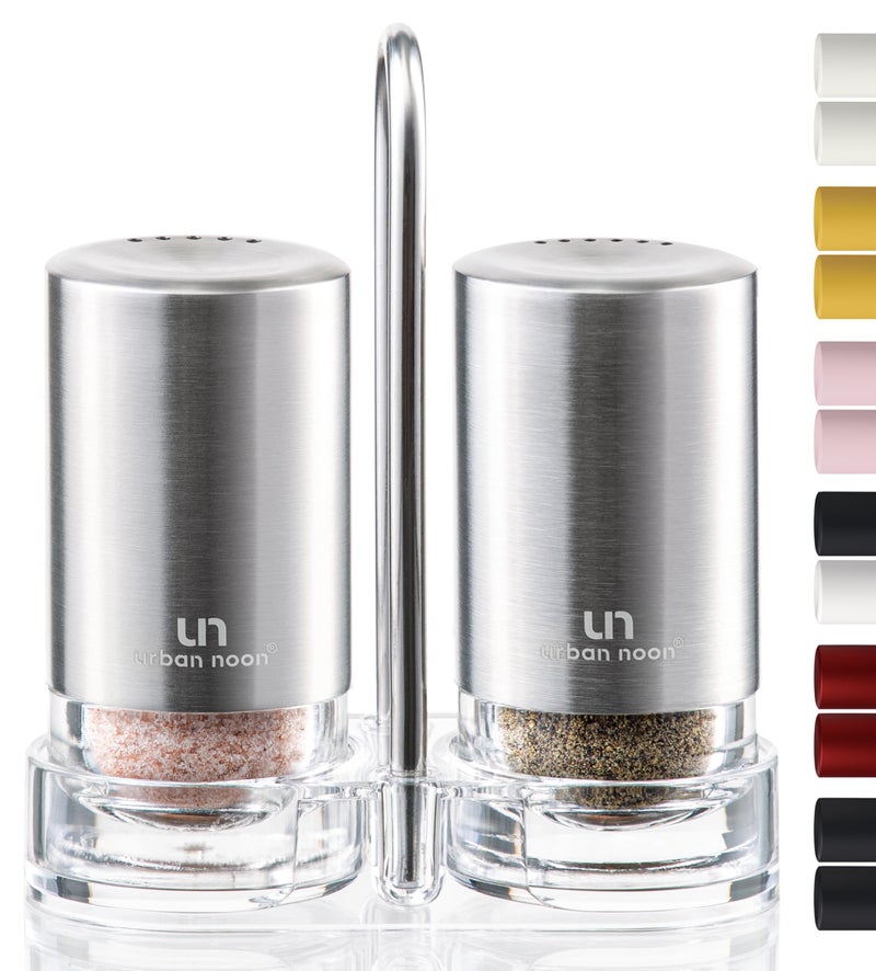 Salt and Pepper Shakers with Holder  Elegant Stainless Steel Salt Shaker and Pepper Shaker Set with Acrylic Holder for Kitchen Counter or Restaurant Table