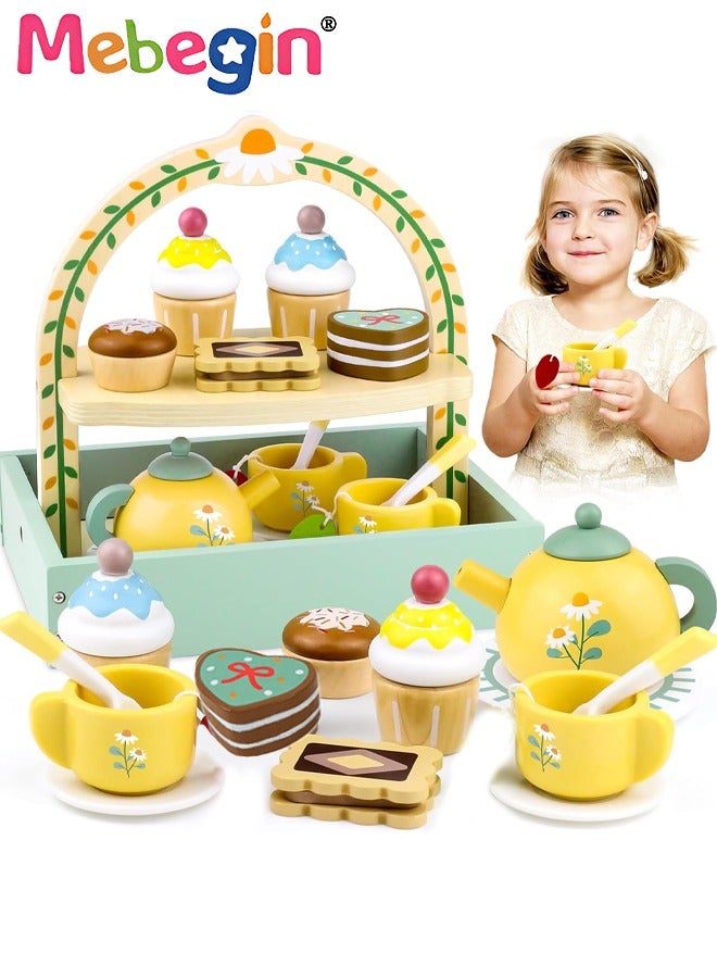ميبيجين طقم حفلات شاي خشبي للبنات الصغيرات، ألعاب طقم شاي للأطفال الصغار مع حامل كب كيك وإكسسوارات مطبخ اللعب، ألعاب التظاهر الخشبية للأطفال الصغار بعمر 36 شهر أو 3 سنوات فأكثر هدية عيد ميلاد - Image 1