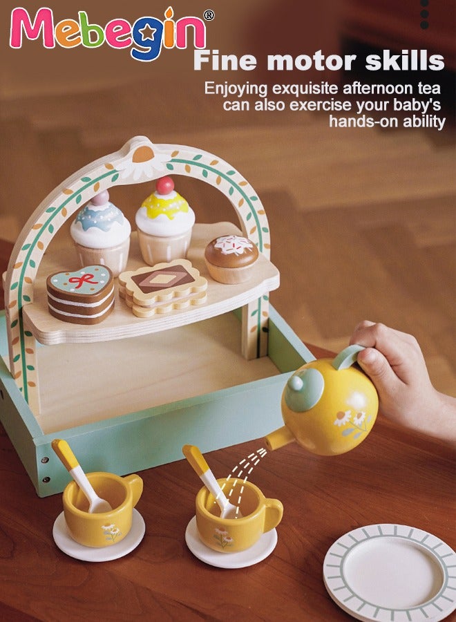 ميبيجين طقم حفلات شاي خشبي للبنات الصغيرات، ألعاب طقم شاي للأطفال الصغار مع حامل كب كيك وإكسسوارات مطبخ اللعب، ألعاب التظاهر الخشبية للأطفال الصغار بعمر 36 شهر أو 3 سنوات فأكثر هدية عيد ميلاد - Image 5