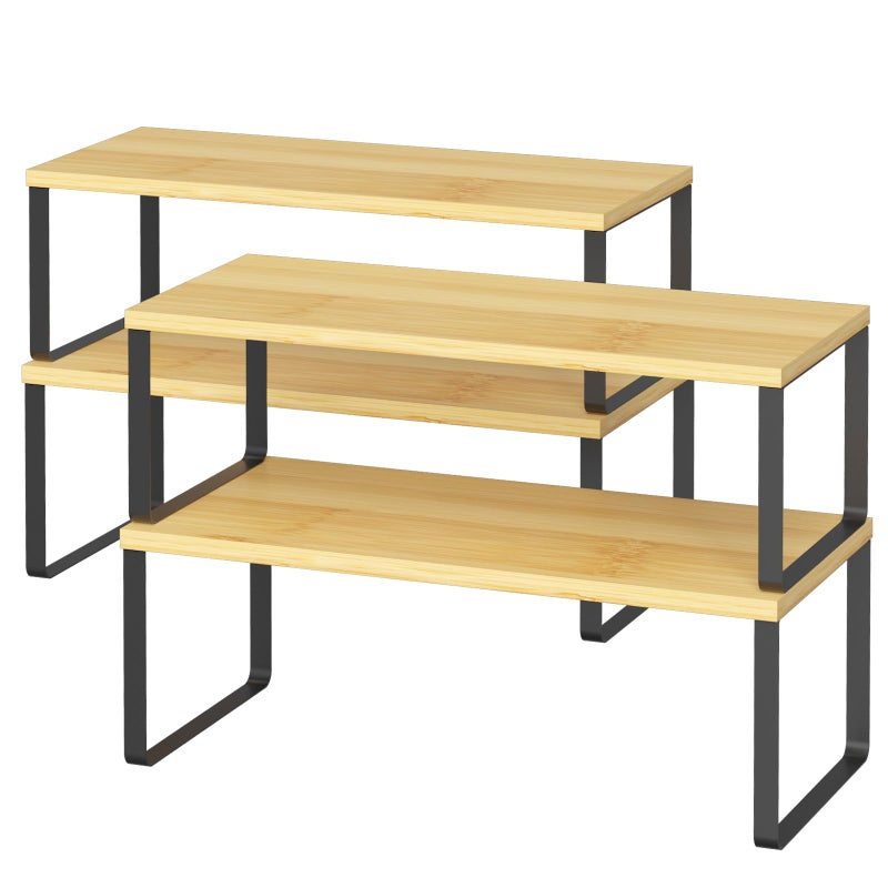 NEX Kitchen Cabinet and Counter Shelf Organizer, Stackable & Expandable, Set of 4, Black and Natural - 7.7 x 15.6 x 6.2'' - Image 1