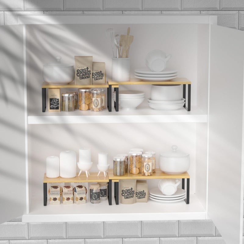 NEX Kitchen Cabinet and Counter Shelf Organizer, Stackable & Expandable, Set of 4, Black and Natural - 7.7 x 15.6 x 6.2'' - Image 2