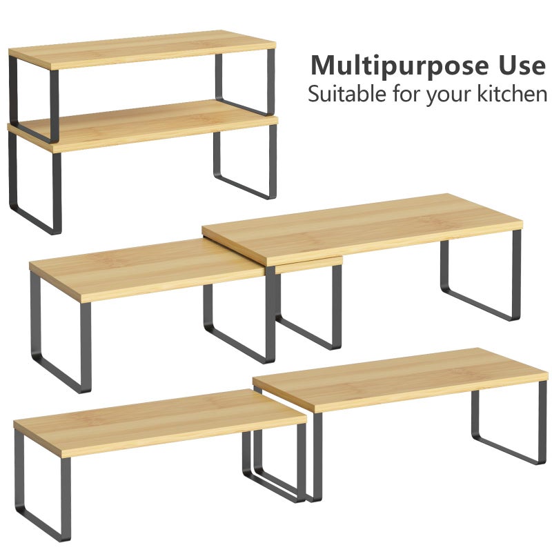 NEX Kitchen Cabinet and Counter Shelf Organizer, Stackable & Expandable, Set of 4, Black and Natural - 7.7 x 15.6 x 6.2'' - Image 4