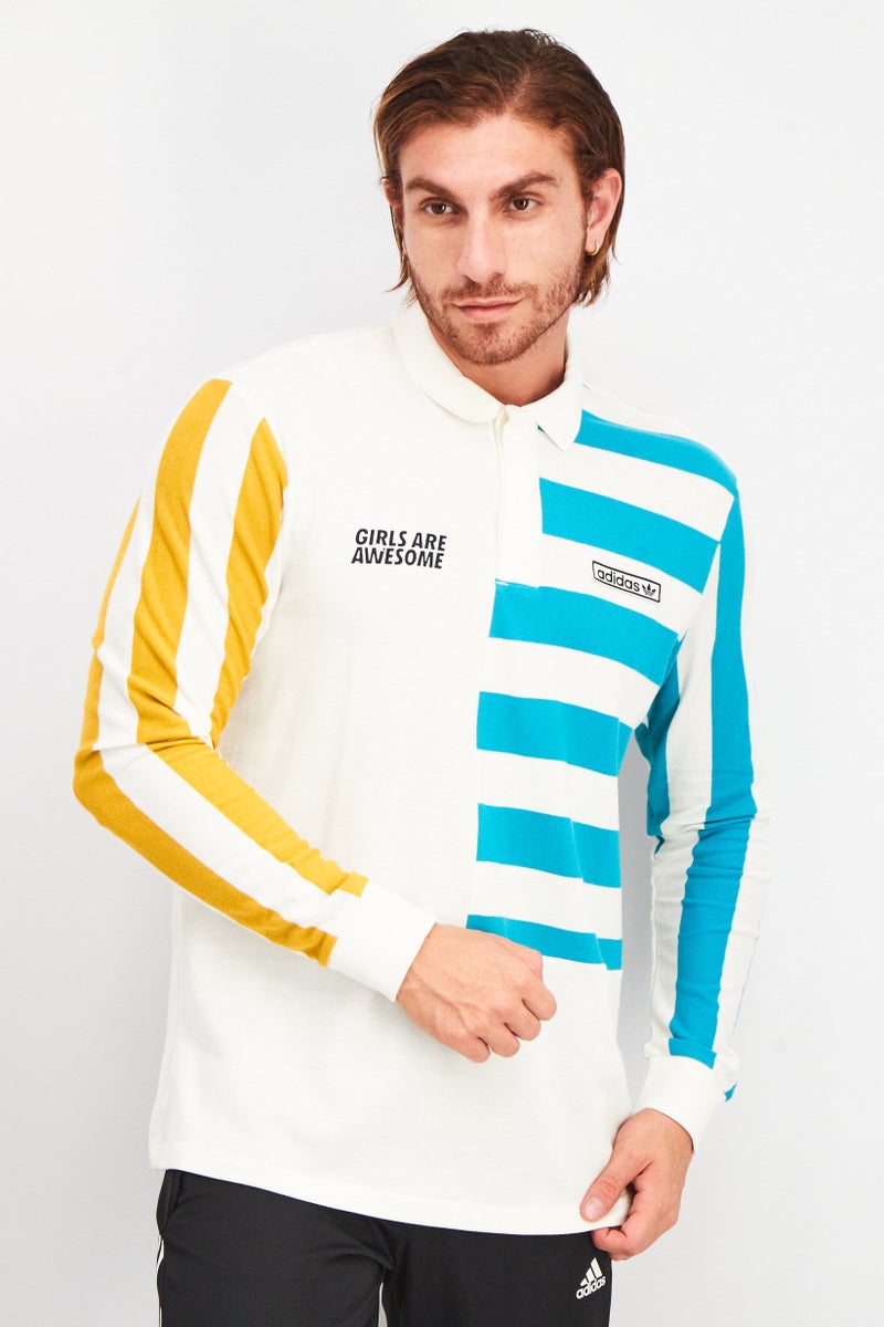 Adidas قميص بولو رياضي للرجال بأكمام طويلة ومخطط، مجموعة بيضاء - Image 1