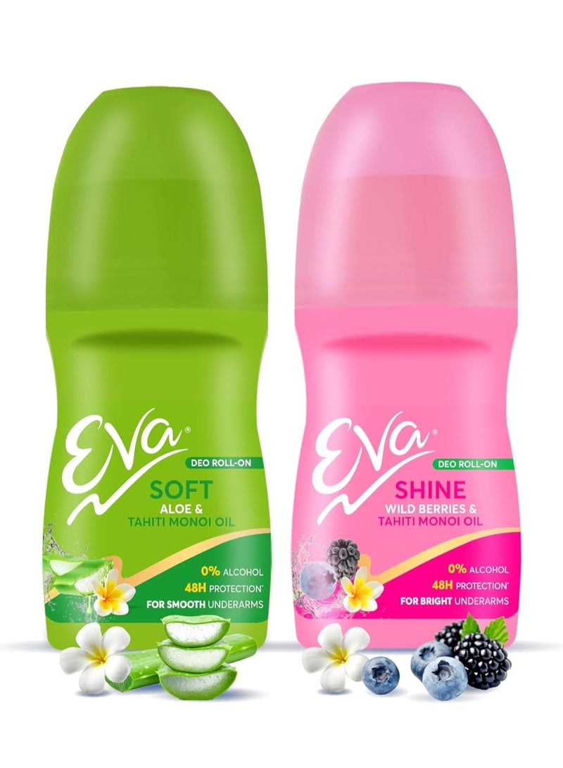 إيفا شين آند سوفت رول أون كومبو للإبطين اللامعين والمنعشين خالي من الكحول والألومنيوم حماية لمدة 48 ساعة للنساء 50 مل عبوة من 2 - Image 1