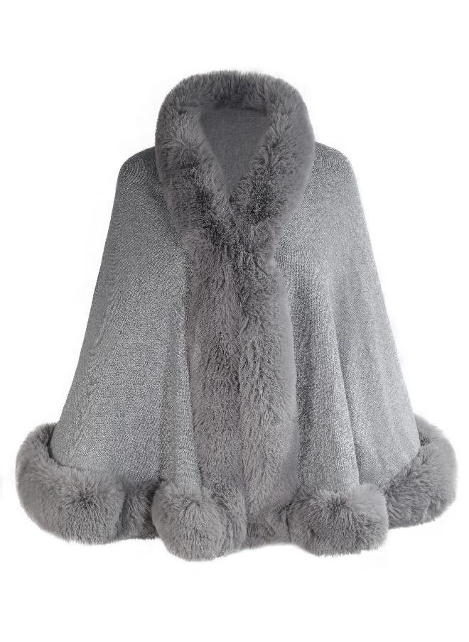 ZLYC ZLYC Women Winter Faux Fur Shawl Stole Warm Wrap Cape (Gray)  - Image 4