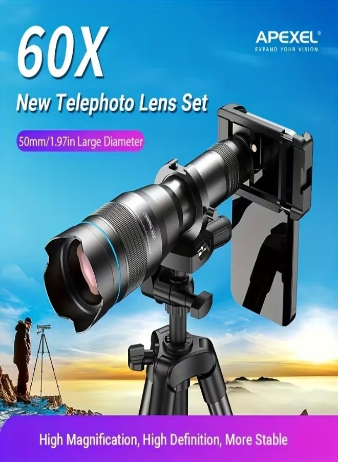 APEXEL 60X Telephoto Monocular – 66mm Objective Lens, 4K HD Optics, Manual Focus, Aluminum Alloy, Tripod Compatible – Outdoor Photography & Travel - Image 2