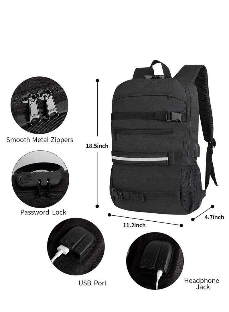 SYOSI Skateboard Backpack, Laptop Backpack Rucksack with USB Charging Port, Anti-Theft Lock, Water Resistant, Fits up to 15.6-17 Inch Laptop, for College School Business Travel Men Boy-Black - Image 3