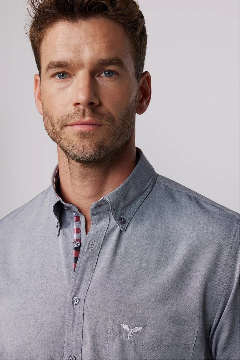 تودورس Men's Classic Fit Regular Cut Long Sleeve Cotton Oxford Texture Single Pocket Gray Button-down Collar Shirt