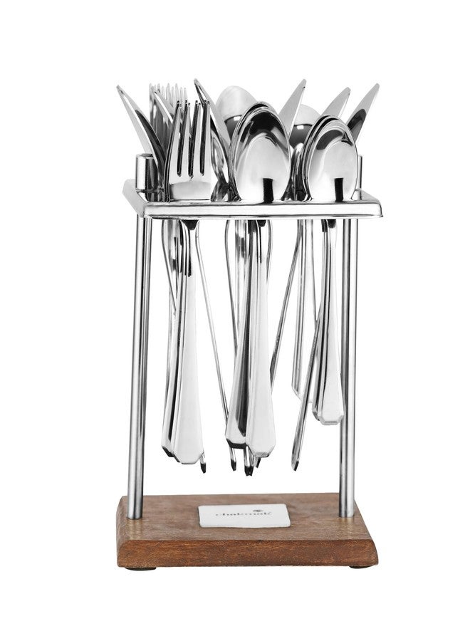 Chakmak Greenwood Penta Cutlery Set of 25 Pcs | Stainless Steel | Contains 6 Soup Spoons, 6 Baby Spoons, 6 Baby Fork, 6 Tea Spoons, 1 Stylish Square Stand | Elegant Cutlery Set for Dining Table - Image 3