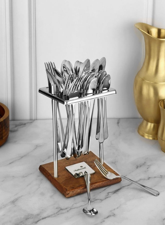 Chakmak Greenwood Penta Cutlery Set of 25 Pcs | Stainless Steel | Contains 6 Soup Spoons, 6 Baby Spoons, 6 Baby Fork, 6 Tea Spoons, 1 Stylish Square Stand | Elegant Cutlery Set for Dining Table - Image 1
