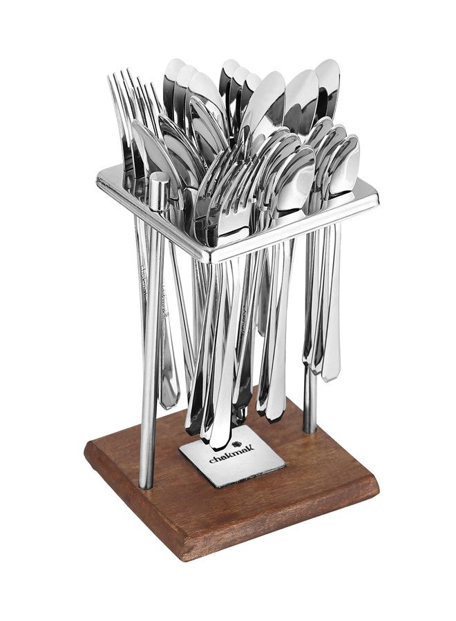 Chakmak Greenwood Penta Cutlery Set of 25 Pcs | Stainless Steel | Contains 6 Soup Spoons, 6 Baby Spoons, 6 Baby Fork, 6 Tea Spoons, 1 Stylish Square Stand | Elegant Cutlery Set for Dining Table - Image 2