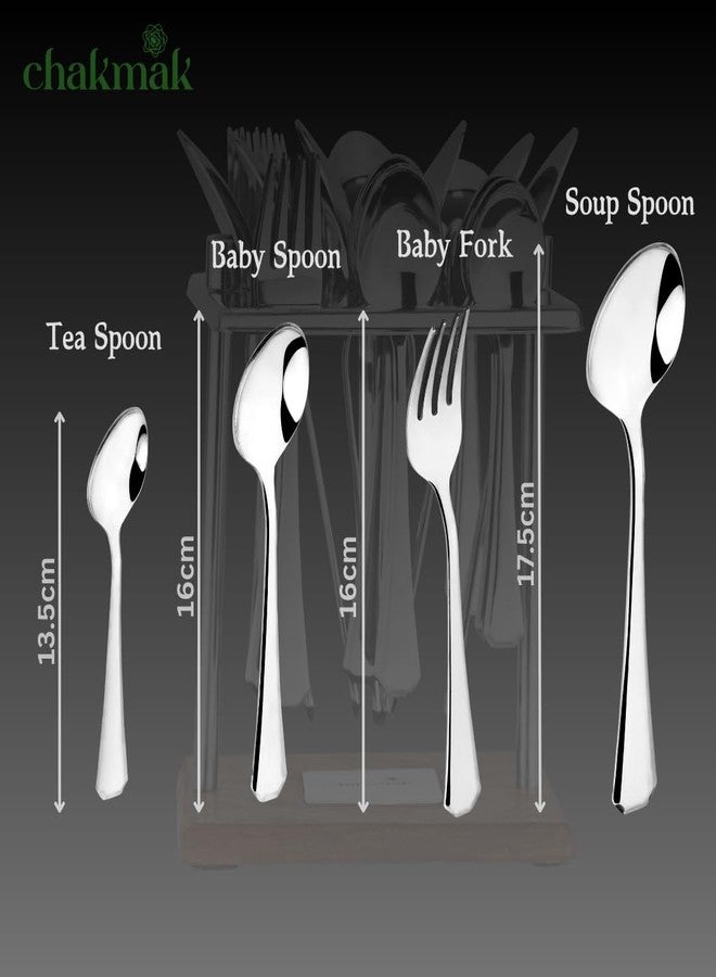 Chakmak Greenwood Penta Cutlery Set of 25 Pcs | Stainless Steel | Contains 6 Soup Spoons, 6 Baby Spoons, 6 Baby Fork, 6 Tea Spoons, 1 Stylish Square Stand | Elegant Cutlery Set for Dining Table - Image 5