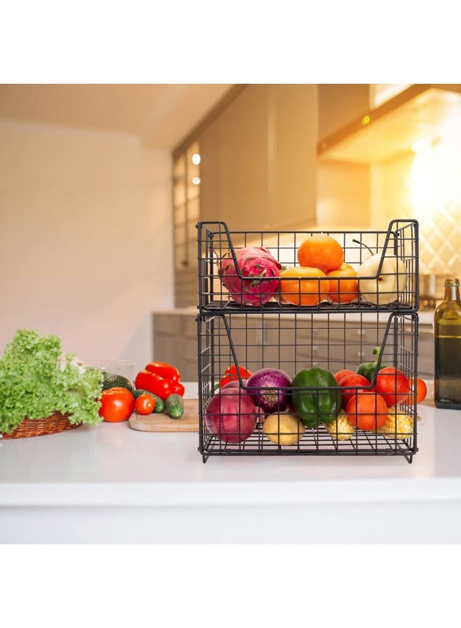 TIEYIPIN 2 Tier Metal Wire Storage Basket, Stackable Fruit Vegetable Food Baskets Cabinet Organizer Pantry Bin for Home Bathroom Kitchen Office Organization - Black - Image 2