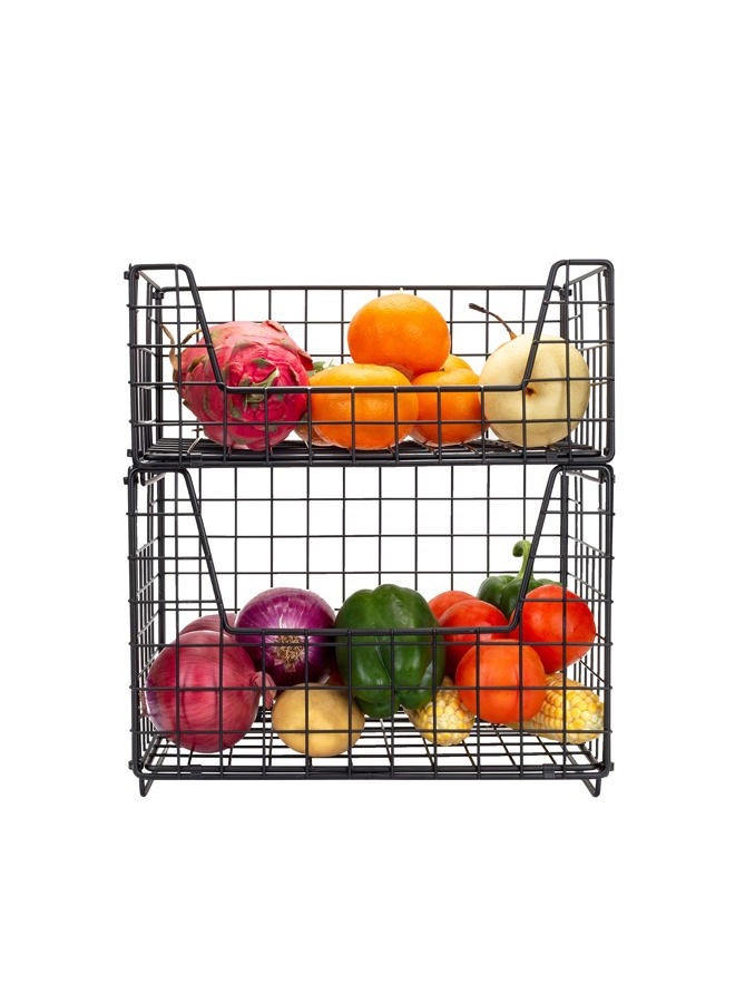 TIEYIPIN 2 Tier Metal Wire Storage Basket, Stackable Fruit Vegetable Food Baskets Cabinet Organizer Pantry Bin for Home Bathroom Kitchen Office Organization - Black - Image 1