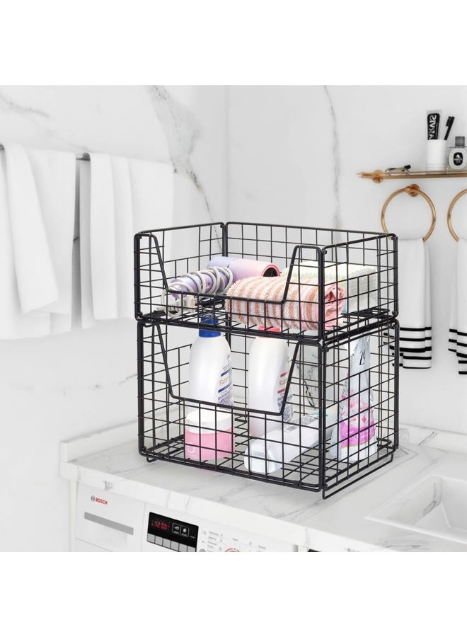 TIEYIPIN 2 Tier Metal Wire Storage Basket, Stackable Fruit Vegetable Food Baskets Cabinet Organizer Pantry Bin for Home Bathroom Kitchen Office Organization - Black - Image 3