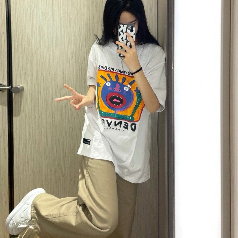Pure Cotton White Short-sleeved T-shirt Womens Design Sense Niche Personality Graffiti Top Loose Mid-length 7326 White