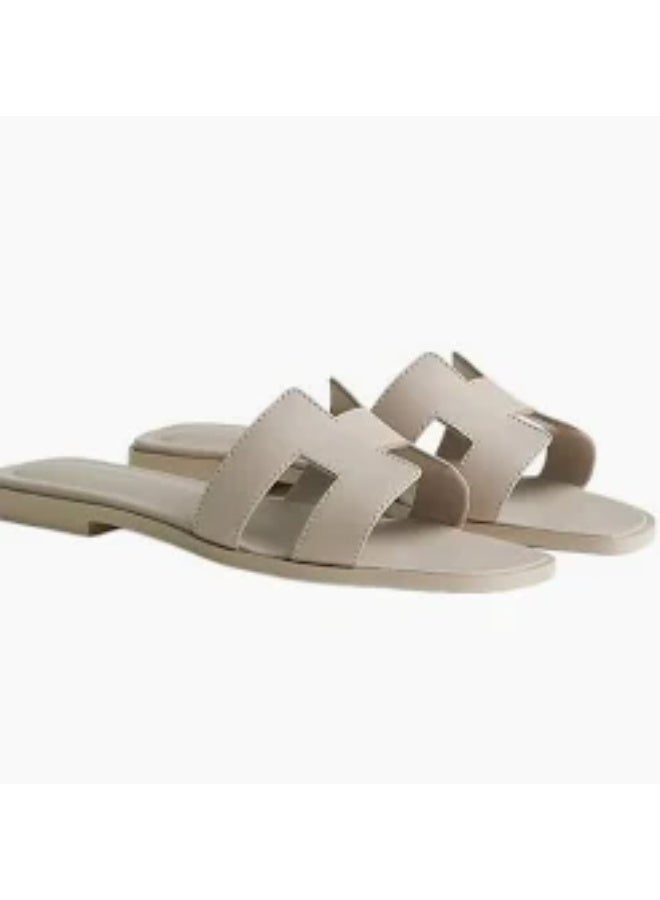 Hermes H24 Oran Calfskin Open-Toe Slip-On H-Shaped Cutout Flats for Women Summer , Beige Mastic