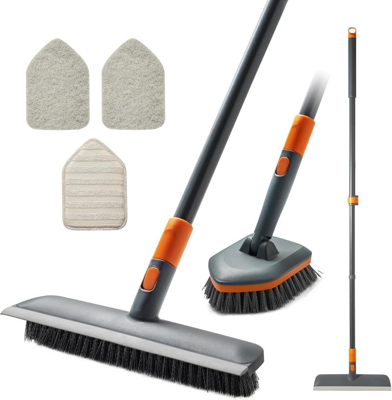 CLEANHOME فرشاة تنظيف الأرضيات مزودة بـ 4 رؤوس تنظيف مختلفة، وفرشاة تنظيف الحوض مزودة بمقبض طويل قابل للتمديد يبلغ طوله 56 بوصة، وأدوات تنظيف لتنظيف المطبخ والحمام والحوض والبلاط والجدران. - Image 1