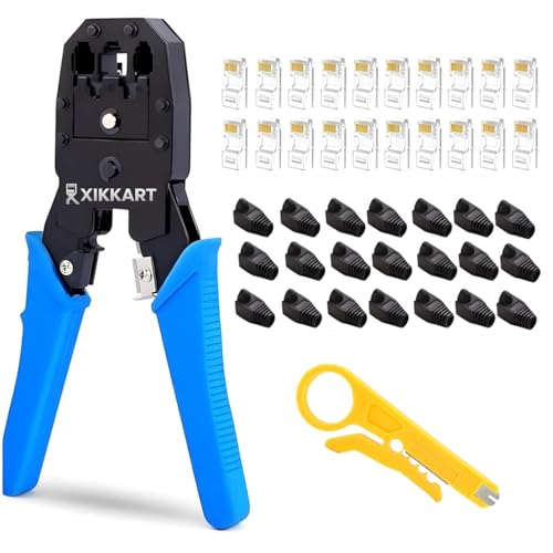 XIKKART 3-in-1 RJ45 Crimping Tool Kit – Wire Stripper, Cutter & Crimper for RJ45, RJ11, RJ12, Cat5e/Cat6 LAN Cable with 20 Connectors & 20 Boot Covers – Blue/Green - Image 1