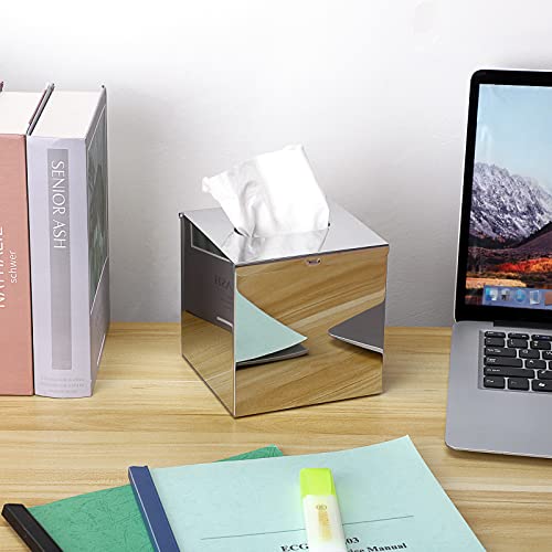Sumnacon Square Stainless Steel Tissue Box Cover - Wall Mounted Stylish Paper Facial Cover, Modern Metal Tissue Box Holder for Bedroom/Bathroom/Vanity/Countertop/Dresser/Night Stand/Office/Car, Polish - Image 2